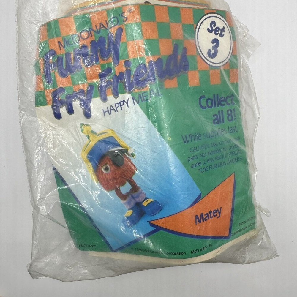 1989 McDonald’s Funny Fry Friends Happy Meal Toy Figure Matey Set 3 SEALED - Picture 2 of 13
